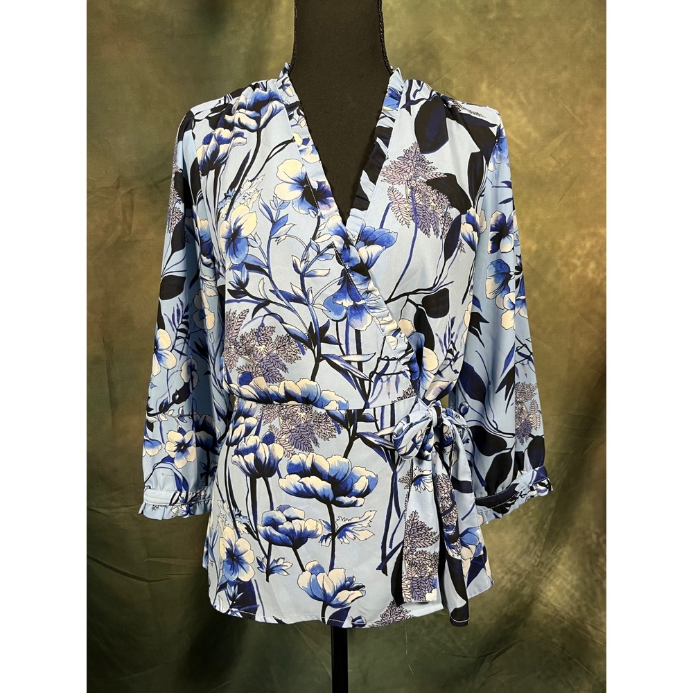 Karl Lagerfeld Paris Blue Floral Wrap Top Ruffle V-Neck Blouse Small